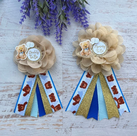 Ramillete de ducha de oso de peluche azul, juego de prendedores de ducha de bebé para mamá y papá Foto 1 de 1