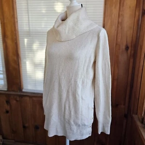 LOFT oversized turtleneck sweater beige button sides merino wool small medium - Picture 1 of 6