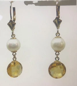 Solid 14KT Gold Leverback Natural Faceted Citrine and Akoya Pearl Earrings - Picture 1 of 6