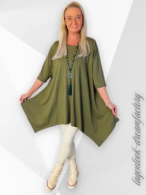 MY OBSESSION Lagenlook A-Linie Long-Tunika-Shirt- Kleid army-oliv 42 44 46 48 50 52 54 56 58