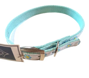 Nylon Dog Collar 12" - 16" Light Blue 5/8" Flower Ribbon overlay East Side - Picture 1 of 10