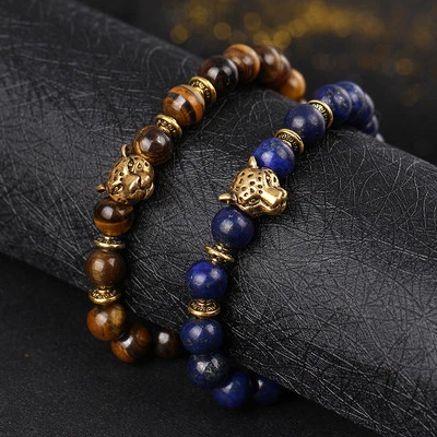 Charm Men's Lava Tiger Eye Stone Gold Leopard Head Beaded Yoga Stretch Bracelets - Image 1 of 4