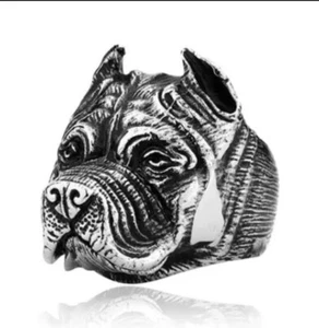 Mens Bulldog Dog Face Ring Silver Biker Gothic Goth Punk Ring Size P - Picture 1 of 1