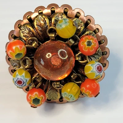 OLLIPOP Signed Millefiori Glass Bead Dangle Ring Orange Yellow Adjustable Size - Image 1 of 4