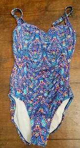 Swim Solutions Navy Multi Tummy-Control Shirred One-Piece Swimsuit Sz 8 NWT 9401 - Picture 1 of 16