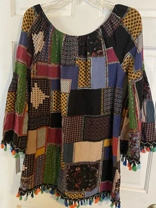 Velzera Multicolor Patchwork Off Shoulder Tunic Top~Med/38 w/Tassel Fringe~EXC - Picture 1 of 8