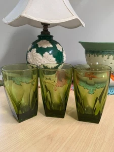 Vintage Hazel Atlas Colony Green Square Tumbler Glasses Set Of 3 12oz - Picture 1 of 7