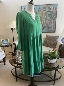 NWT J. Jill Green Scoop V-Neck 3/4 Sleeve Ruffled Dress Sz S Viscose Rayon Linen - Picture 1 of 4