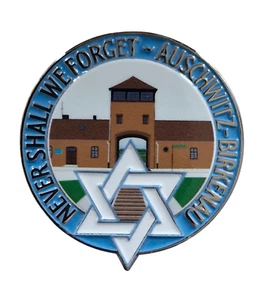 Never Shall We Forget Auschwitz-Birkenau Enamel Badge - Picture 1 of 2