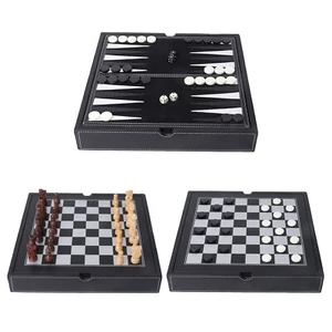 3-in-1 PU Leather Chess, Checkers & Backgammon Board Game Set with Game Pieces - Picture 1 of 8