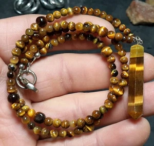 🌟18" Chatoyant Golden Tiger's-Eye Bead Necklace w/ Chatoyant Pendulum🌟 - Picture 1 of 9