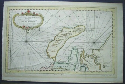 Antiguo mapa plegable Novaya Zemlya, Océano Ártico. Grabado Nicolas Bellin 1758. Foto 1 de 4