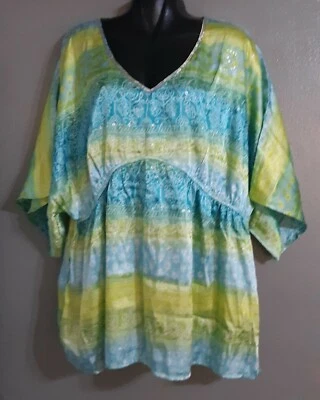 全新-女式 METRO7 多色短袖缎面帝国上衣罩衫。尺寸 26W/28W — 第 1/4 张图片