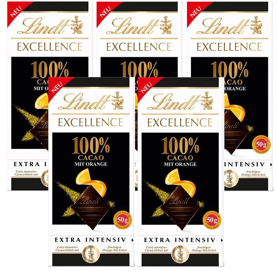 Lindt Excellence 100% Cocoa with Orange Extra Intense 50g x 5 Limited 250g - Image 1 of 1