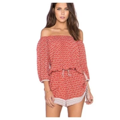 Faithfull The Brand Romper Women Small Red Bird Print Rio Off The Shoulder Boho - Image 1 of 4