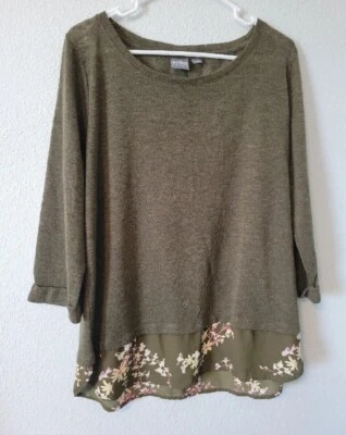 Suéter New York & Co. Verde Oliva Floral Manga Corbata Manga 3/4 Talla XL Foto 1 de 4