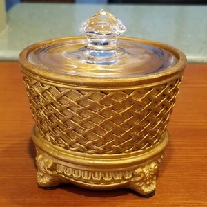 COTTON BALL HOLDER~VANITY COVERED JAR~GOLD/BROWN W/CLEAR GLASS TOP 4.5" FOOTED - Picture 1 of 9