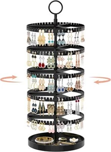 5 Tier Rotating Earring Holder Organizer with Metal Tray, Adjustable Plastic Dan - Picture 1 of 8