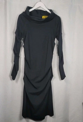 Vestido midi negro vintage Nicole Miller cuello capucha acanalado talla 10 Body Con Foto 1 de 4