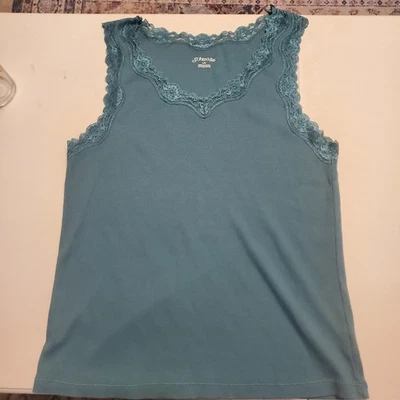 St Johns Bay Womens Large Ribbed Cami Tank Top Green w/ Lace Trim stretch - Image 1 of 4