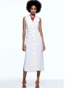 Zara Women Shirt Dress Medium White Button Front Cut Out Midi - Picture 1 of 11