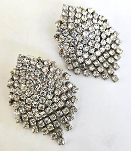 Vintage Clear Rhinestone Dangle Waterfall Fringe Silver Tone Pierced Earrings 2" - Picture 1 of 6