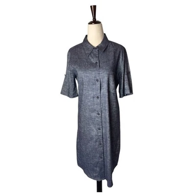 Vestido Theory Feminino 8 Azul Mayvine Mistura de Linho Camisa Rolo Aba Manga Mini - Imagem 1 de 4
