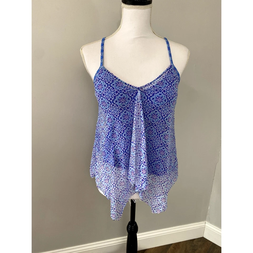 Hankerchief Hem Patterned Tankini Swimsuit Top Sz 8 - Image 1 of 4