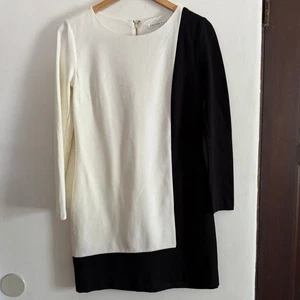 TRINA TURK | Schwarz Weiß Kubistisches Colorblock Minimalistisches Langarm Etuikleid 4 - Bild 1 von 5
