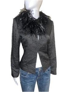 Albert Nipon Women Coats & Jackets Blazers Size 4 Black Shimmer Ostrich Collar - Picture 1 of 10