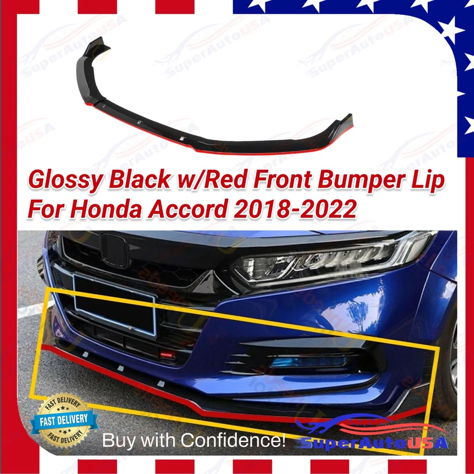 适用于 2018 - 2022 年本田雅阁光泽黑色带红色饰边前保险杠唇分离器 — 第 1/4 张图片
