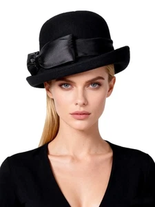 Black Wool Felt Bowler Hat For Women Formal Church Party Rolling Hats With Bow - Picture 1 of 7
