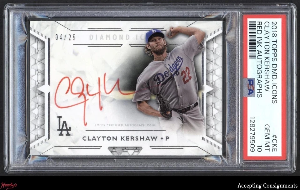 2018 Topps Diamond Icons Red Ink Clayton Kershaw ON CARD AUTO 04/25 PSA 10 GEM - Image 1 of 2