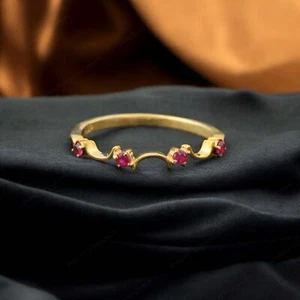 925 Sterling Silver 2 mm Round Shape Natural Pink Ruby Band Yellow Gold Plated - Picture 1 of 7