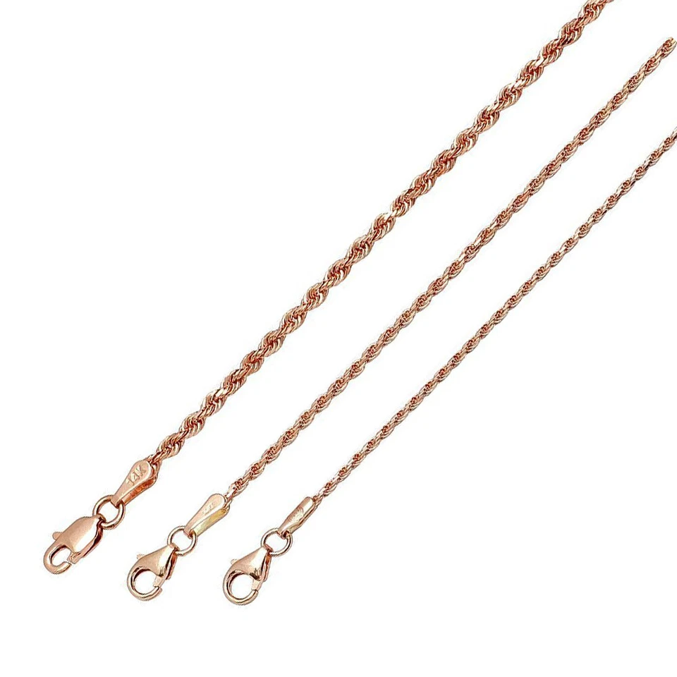 Collar de cadena de cuerda de oro rosa macizo de 14k 1 mm-2 mm para hombre y mujer talla 16"-30" Foto 1 de 1