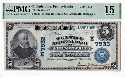 $5 1902 DB National PHILADELPHIA Pennsylvania PA "Extremely Rare" 7 on Census! - Image 1 of 2