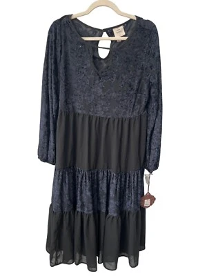 Vestido Knox Rosa Jacquard en Niveles Midi Talla Mediana Manga Larga Negro Azul Boho NUEVO Foto 1 de 4