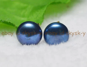 Natural 12-13mm Peacock Black Tahitian Pearl Stud Earrings 14K Gold AAA+ - Picture 1 of 6