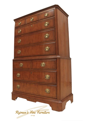 Drexel Heritage Yorkshire Yew Wood Banded Georgian Style Chest on Chest Cover