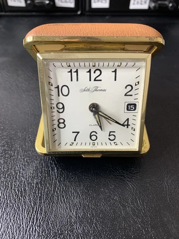Vintage Seth Thomas Travel Alarm Clock Wind Up With Date Function Folding Case Cover