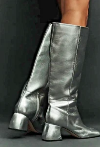 NWT CIRCUS NY SAM EDELMAN OAKLYN LEATHER KNEE BOOTS SHOES METALLIC SILVER 8.5 M - Picture 1 of 4