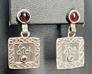 Vintage Shablool 925 Silver Garnet Earrings Dangle Stud Square - Picture 1 of 13
