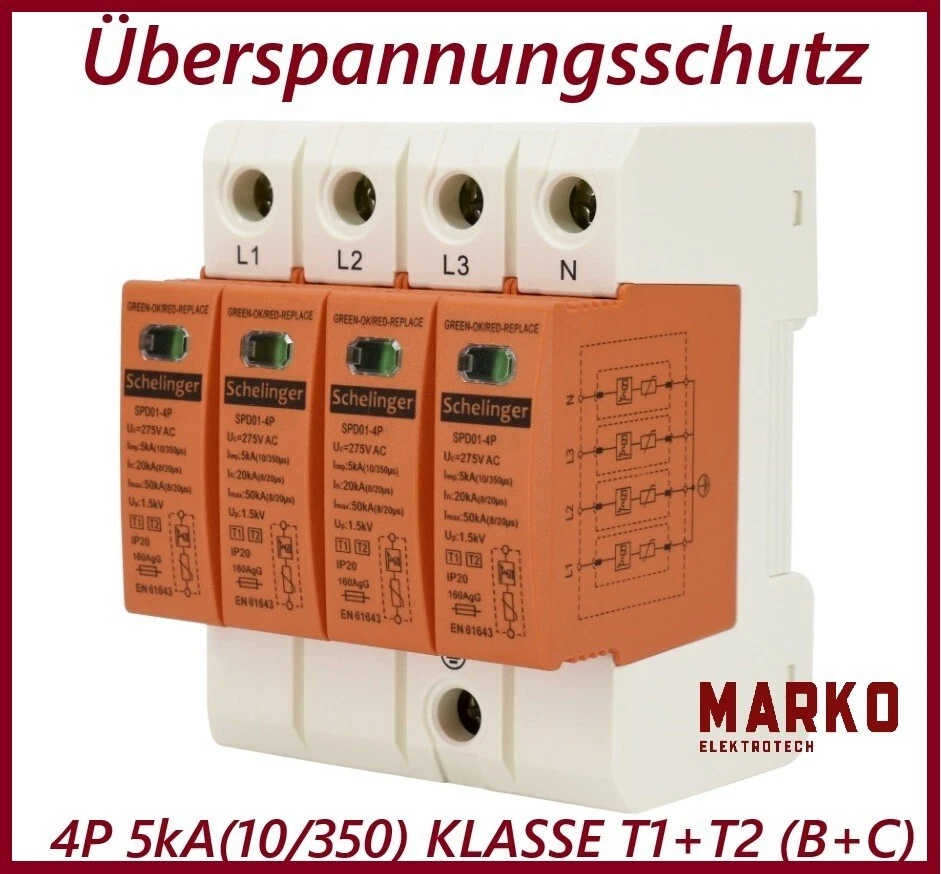SCHELINGER Überspannungsschutz 4P 5kA(10/350) KLASSE T1+T2 (Typ B+C) Blitzschutz