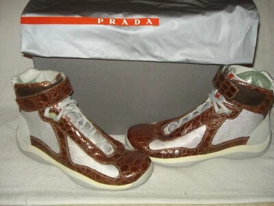 100% AUTH NEW MEN PRADA BROWN CROCODILE AMERICA CUP HIGH TOP SNEAKERS 8.5/US 9.5 - Image 1 of 4