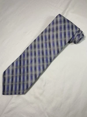 Corbata JHANE BARNES 100% Seda Hecha a Mano en ITALIA Gris Azul Rayas Ventana Panel Foto 1 de 4