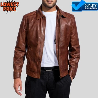 Chaqueta de cuero de vaca marrón - Abrigo clásico vintage de motociclista con cremallera otoño invierno Foto 1 de 4