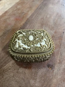VTG JAPAN Jewelry Box Trinket Vanity Ring Goldtone Metal White Accent Cabochon - Picture 1 of 7