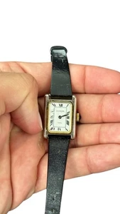 Vintage Parker rechteckiges goldfarbenes schwarzes Schweizer Hermes-inspiriertes Lederarmband - Bild 1 von 5