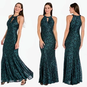 R&M Richards Spruce Green Glitter Lace Halter Evening Gown Size 14 Formal Hoco - Picture 1 of 10