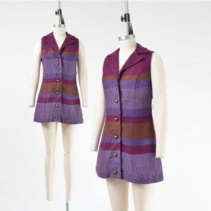 Vintage 60s Purple Striped Wool Button Front Collared Mod Micro Mini Dress XS S - Picture 1 of 7